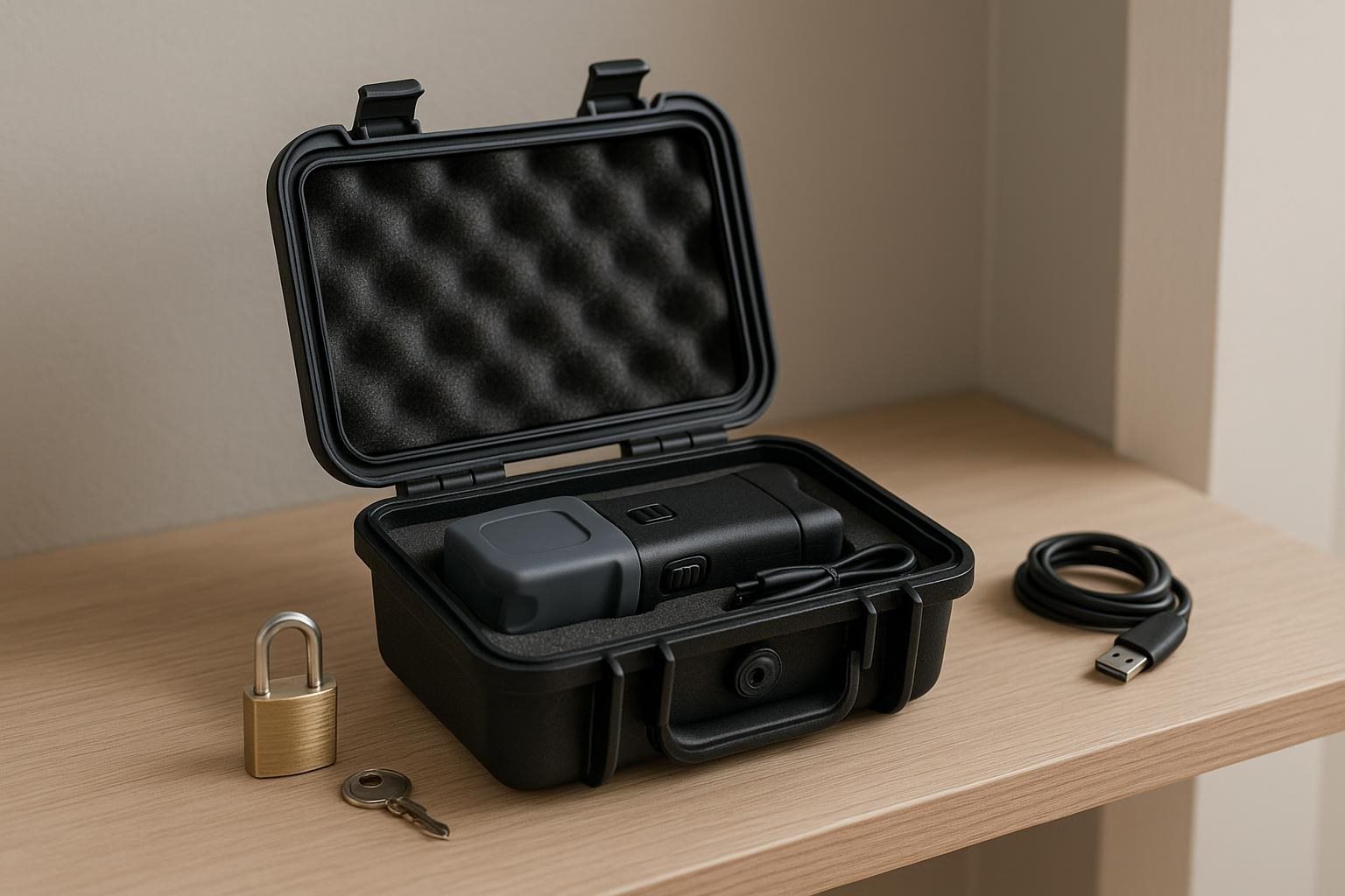 A compact electrical self-defense device being placed into a locked storage case on a clear household workbench